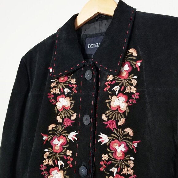 Bernardo Women's XL Suede Genuine Leather Floral Embroidered Jacket Coat Black - Picture 5 of 16